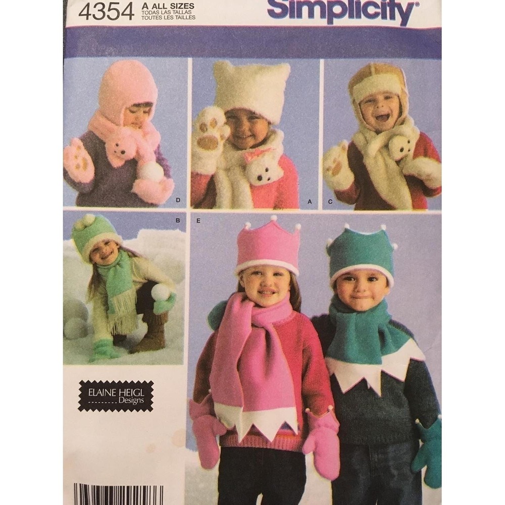 Simplicity 4354 Child's Pattern Fleece Hats Mittens Scarves Crown Animal‎ Ears